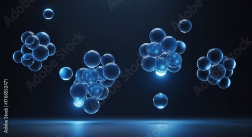 Blue spheres float in clusters against a dark, gradient backdrop with illuminated ground