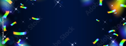 Rainbow holographic confetti on dark blue background with sparkling stars and iridescent reflections for celebration designs. Metallic strips shimmering for festive frame or anniversary graphics.