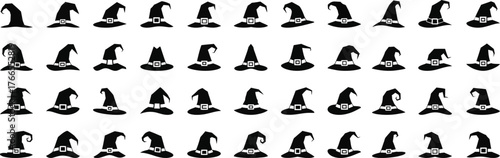 Collection of stylized witch hats featuring various shapes angles and designs for halloween themed projects silhouette halloween