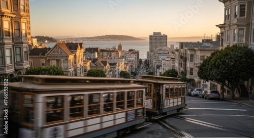Classic urban scene features historic streetcars, steep streets, and a scenic bay vista at dusk