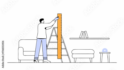 A volunteer installing shelves in a living room featuring a step ladder tools and a measuring tape highlighting focused precision.