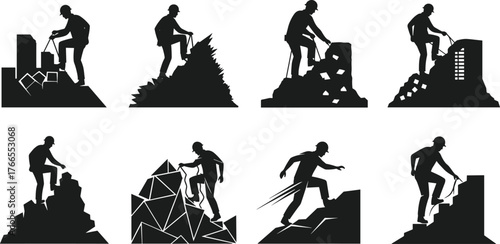 Construction worker climbing rocks with tools, silhouette illustration of builder working on rocky surface, mountain labor, industrial effort concept design