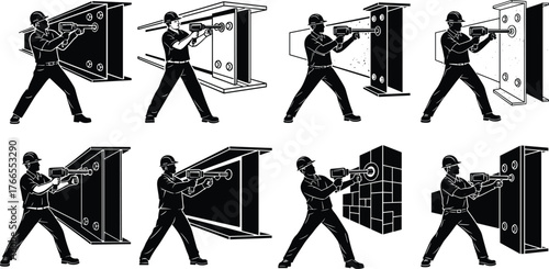 Construction worker drilling steel beam silhouette, industrial power tool operation, metalwork fabrication process, engineering maintenance, heavy industry vector illustration design
