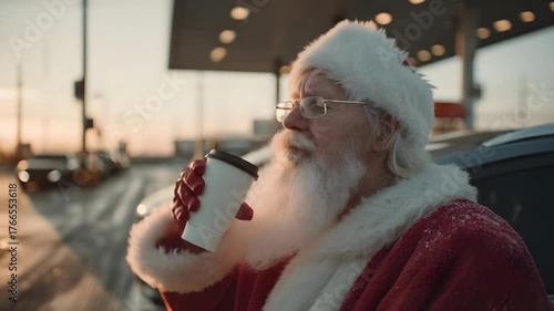 Santa Claus in a red suit and white beard drinking from a white to-go cup outdoors at sunset.
