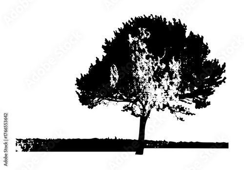 Tree stands silhouetted illustration in a landscape