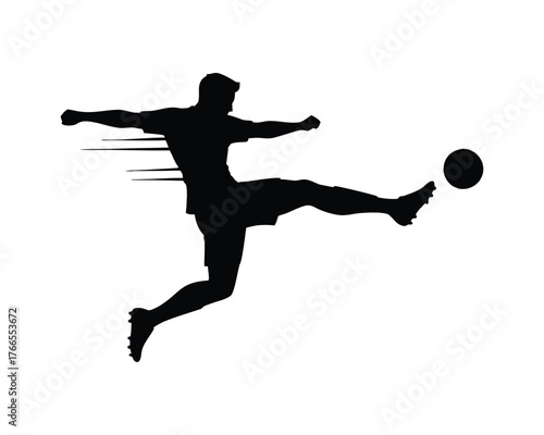Dynamic Soccer Player Silhouette Mid-Air Kick Icon: Monochrome Football Striker with Speed Lines Vector Graphic