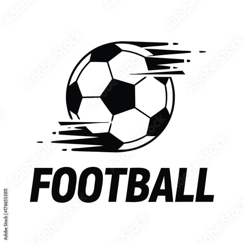 Dynamic Football Soccer Ball Logo, Monochrome Speed Icon with Motion Lines and Bold Text Vector Illustration