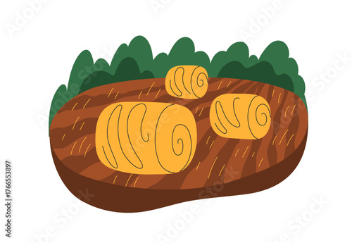 Hay bales on field. Round straw rolls lying on farm land. Rural agriculture, fall season, dry stacks on soil in countryside, nature landscape. Flat vector illustration isolated on white background