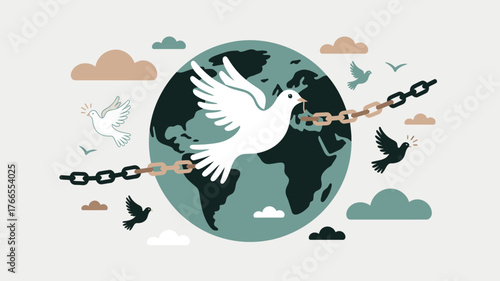 Dove Breaking Chains Around the World with Clouds and Silhouetted Birds, Symbolizing Freedom