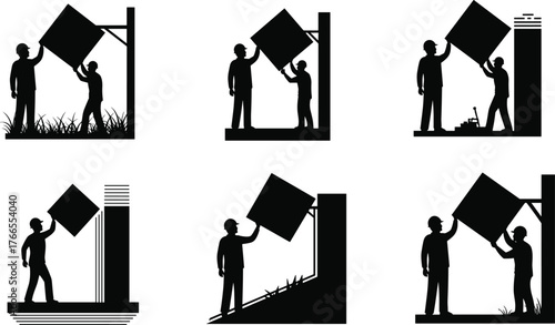 Construction workers installing wall panels, teamwork silhouette, building installation process, industrial construction, professional builders working with wall materials illustration