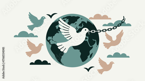 Dove with Chain Around Earth Freedom, Peace, and Global Issues Illustration on Light Background