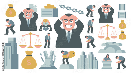 Economic Struggles Illustrated Stressed Businessman, Financial Burden, Unbalanced Scales, Money Bags, and Cityscape Elements