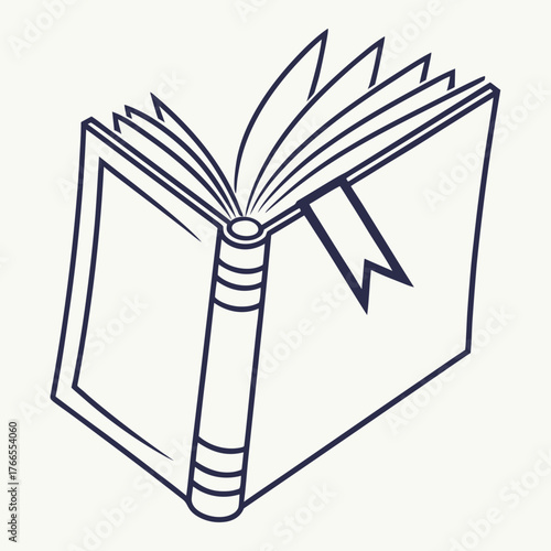 Open Book with Bookmark simple line art illustration, minimalist blue and white, reading and knowledge symbol
