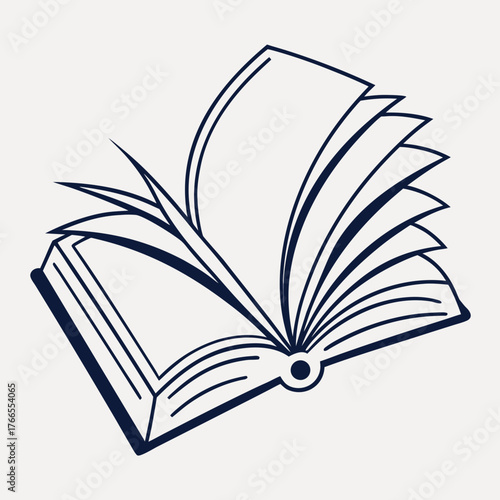 Open Book simple line art illustration, minimalist blue and white, literature and education icon