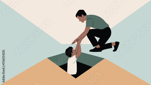 Father Helping Child Out of Hole Illustration in Geometric Shapes with Pastel Colors