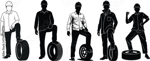 Construction workers standing confidently with tire, teamwork concept, automotive industry, labor strength, mechanic service, transportation repair, industrial occupation illustration