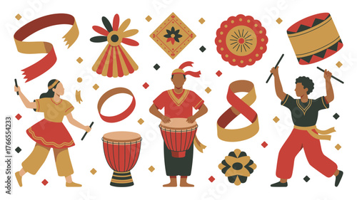 Festive Illustration People Playing Drums with Ethnic Decorations and Ribbons on White Background