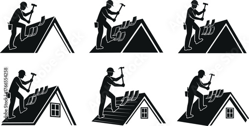 Roofer installing shingles on house roof, construction worker using hammer, roofing repair, maintenance service, home improvement, professional builder illustration
