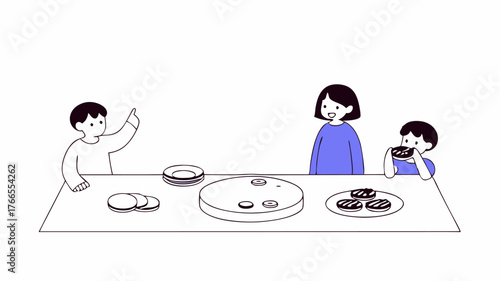 Children pointing excitedly at a large dessert table filled with homemade pies cakes and cookies while parents chat nearby with plates in hand.