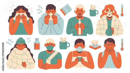 Flat Illustration Eight People Suffering From Sickness Like the Flu and the Common Cold
