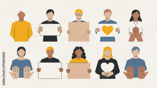 Group of Flat People Holding Signs and Showing Hands Together Illustration