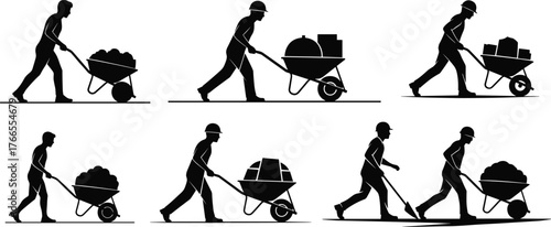 Silhouette illustration of construction workers pushing wheelbarrows with materials, hard labor, industrial teamwork, building site transportation, manual work efficiency