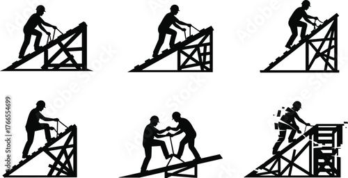 Silhouette illustration of construction workers on scaffolding, roof building, teamwork safety, manual labor, architecture structure, professional builders working together