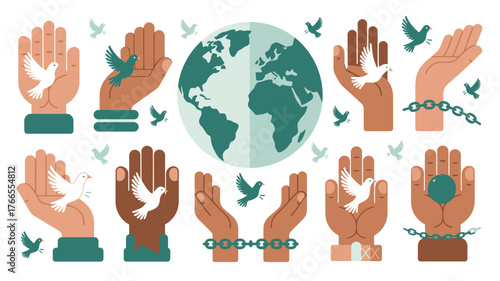 Hands Releasing Doves, Earth Globe, and Chains Symbolism of Freedom, Peace, and Diversity