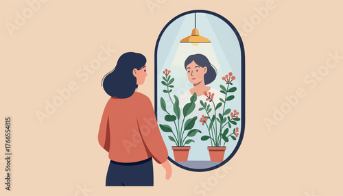 Woman finds confidence and inner peace reflecting on her personal growth surrounded by vibrant nature indoors, Adobe Illustrator Artwork