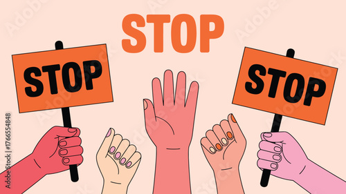 Hands Holding Stop Signs and Raised Palm Illustration for Protest or Social Movement Graphics