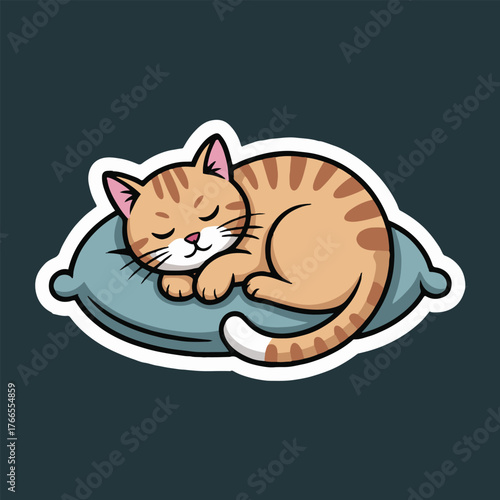 A cartoon cat sleeping peacefully on a blue pillow with a dark background in a sticker style