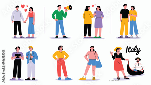 Illustrated Characters Diverse People, Relationships, Professions, and Travel Concept with Gondola in Italy