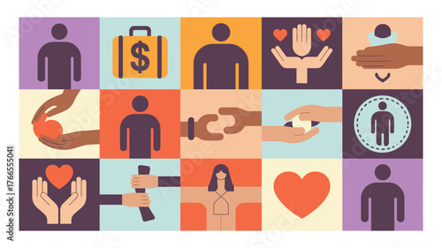 Illustrated Depicting People, Hands, Hearts, Money, and Connection in MultiColored Squares Theme
