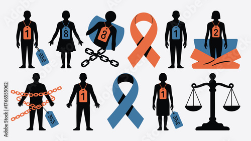 Illustrated Depiction of Human Trafficking Silhouetted Figures with Chains, Price Tags, Awareness Ribbons, and Balance Scales