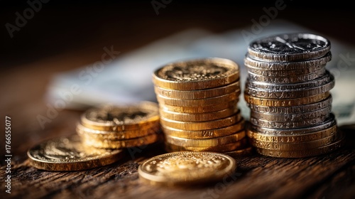Stacks of Gold and Silver Coins on Wooden Surface with Blurred Money
