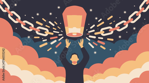 Illustrated Man Reaching for Lantern Under Broken Chains with Starry Night Sky