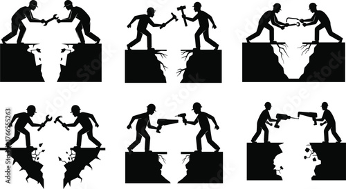 Silhouette illustration of construction workers repairing cracked bridge, teamwork using tools, fixing damage, industrial maintenance, engineering collaboration, construction safety concept