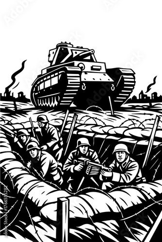 World War Trench Battle Scene – Black and White Vector Illustration of Soldiers and Tank