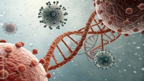 cell therapy gene editing Microscopic view of viruses and DNA strands illustrating cellular interactions and biological processes.