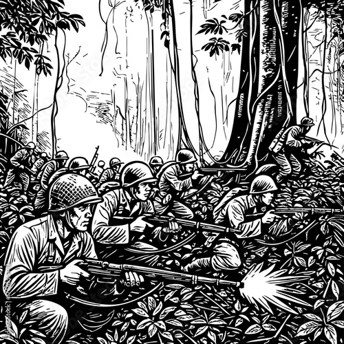Jungle Combat Battle – Black and White Vector Illustration of Soldiers in Action