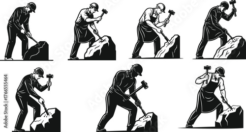 Stone mason worker chiseling rock illustration, craftsman carving stone by hand with hammer and chisel, construction, sculpture, labor, vector design