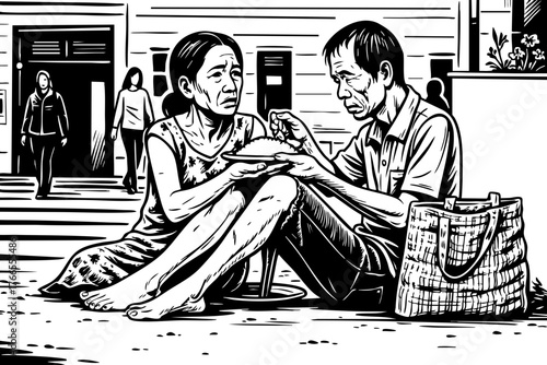 Elderly Couple Sharing Food on Street – Black and White Vector Illustration of Poverty and Compassion