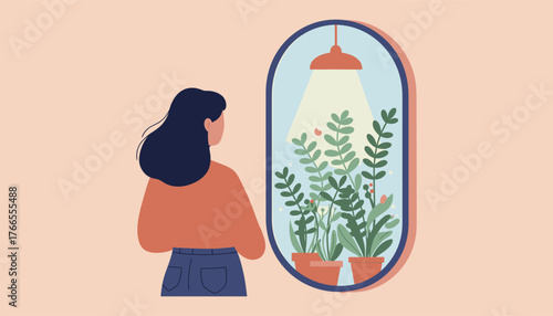 Serene moment as a woman contemplates lush indoor plants bathed in warm light,  creating a peaceful sanctuary for home or wellness concepts., Adobe Illustrator Artwork