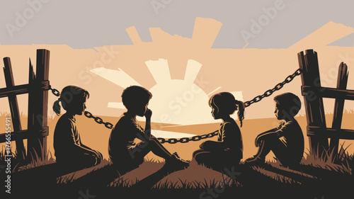 Illustrated Silhouette of Four Children Linked by Chain Along a Rural Fence at Sunset