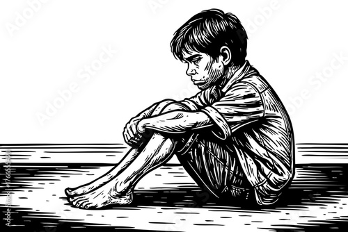 Lonely Boy Sitting on Ground – Black and White Vector Illustration Representing Sadness and Isolation