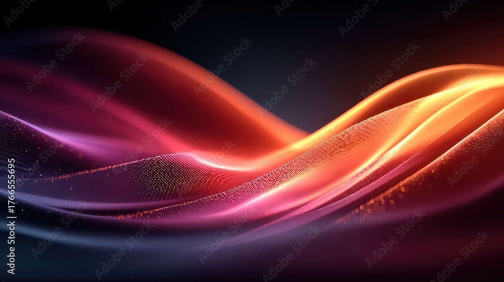 Obraz premium Abstract Wavy Background with Glowing Particles in Orange, Red and Purple