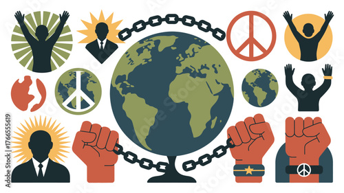Illustration Featuring Earth, Raised Fists, Peace Symbols, and Silhouettes Depicting Themes of Freedom and Unity