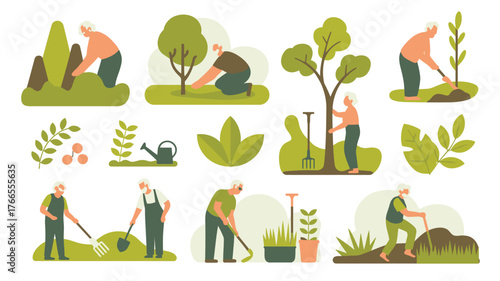 Illustration Featuring Elderly Gardeners Planting Trees, Tending Plants, and Utilizing Gardening Tools for Yard Work