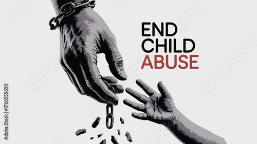 Illustration Hand in Chains Reaching for a Child's Hand End Child Abuse Message