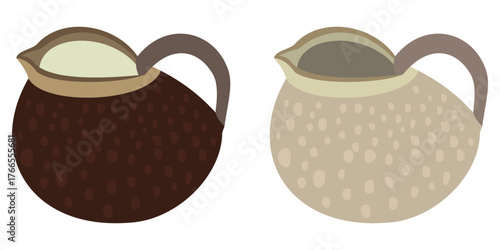 Set of decorative ceramic pitchers in beige and brown tones